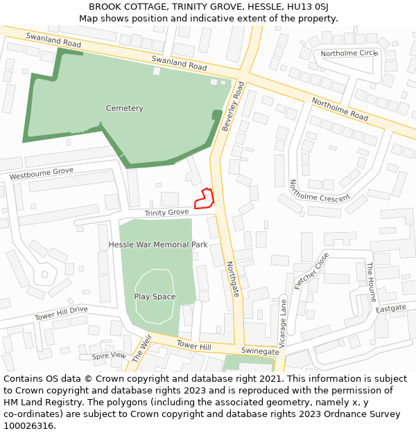 BROOK COTTAGE, TRINITY GROVE, HESSLE, HU13 0SJ: Location map and indicative extent of plot