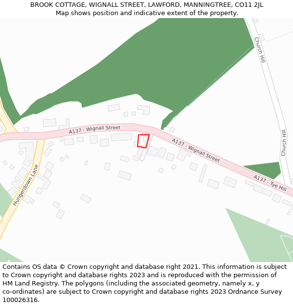 BROOK COTTAGE, WIGNALL STREET, LAWFORD, MANNINGTREE, CO11 2JL: Location map and indicative extent of plot