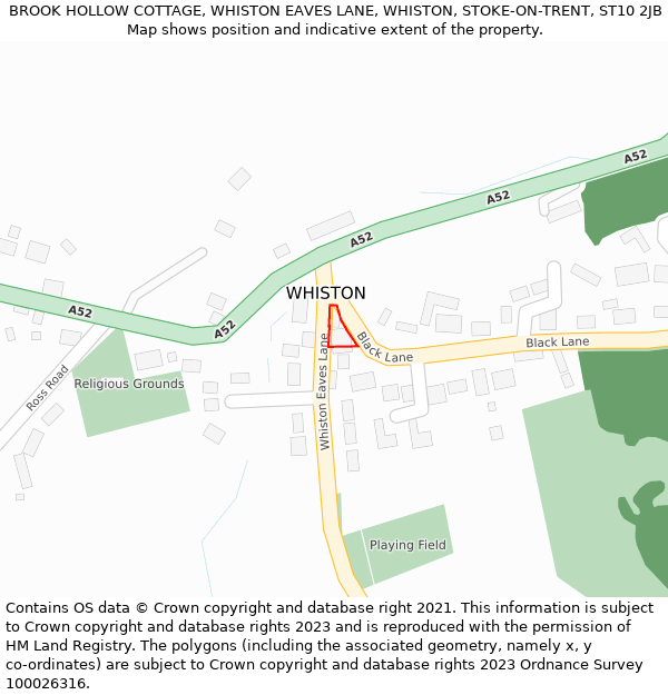 BROOK HOLLOW COTTAGE, WHISTON EAVES LANE, WHISTON, STOKE-ON-TRENT, ST10 2JB: Location map and indicative extent of plot