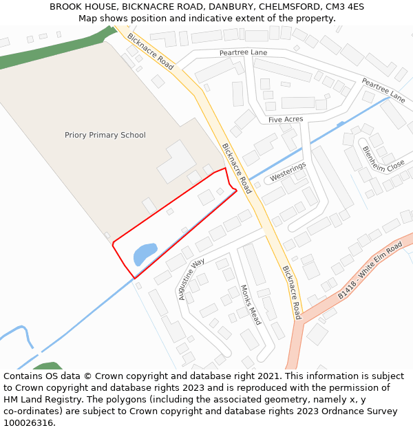 BROOK HOUSE, BICKNACRE ROAD, DANBURY, CHELMSFORD, CM3 4ES: Location map and indicative extent of plot