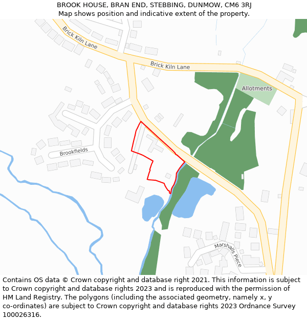 BROOK HOUSE, BRAN END, STEBBING, DUNMOW, CM6 3RJ: Location map and indicative extent of plot