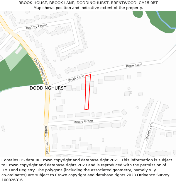 BROOK HOUSE, BROOK LANE, DODDINGHURST, BRENTWOOD, CM15 0RT: Location map and indicative extent of plot
