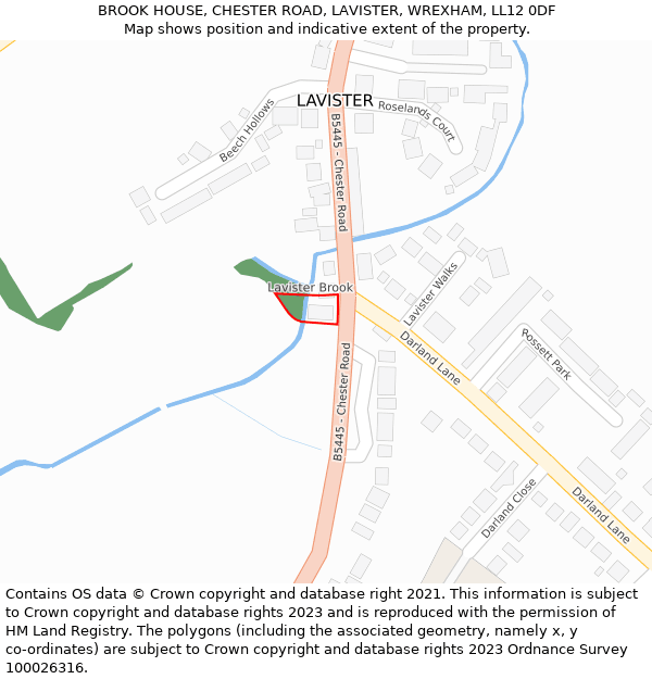 BROOK HOUSE, CHESTER ROAD, LAVISTER, WREXHAM, LL12 0DF: Location map and indicative extent of plot