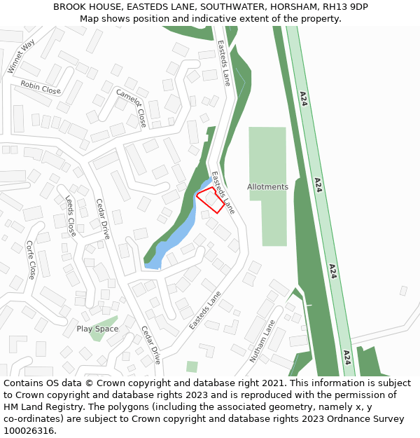 BROOK HOUSE, EASTEDS LANE, SOUTHWATER, HORSHAM, RH13 9DP: Location map and indicative extent of plot