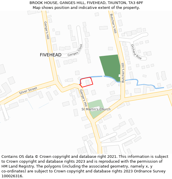 BROOK HOUSE, GANGES HILL, FIVEHEAD, TAUNTON, TA3 6PF: Location map and indicative extent of plot