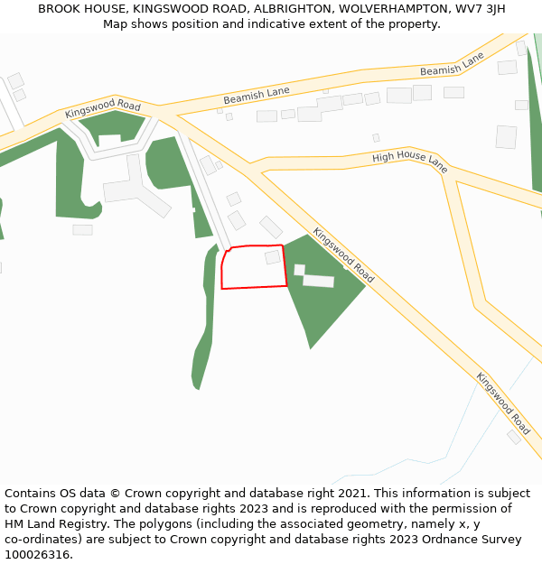 BROOK HOUSE, KINGSWOOD ROAD, ALBRIGHTON, WOLVERHAMPTON, WV7 3JH: Location map and indicative extent of plot