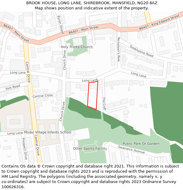BROOK HOUSE, LONG LANE, SHIREBROOK, MANSFIELD, NG20 8AZ: Location map and indicative extent of plot