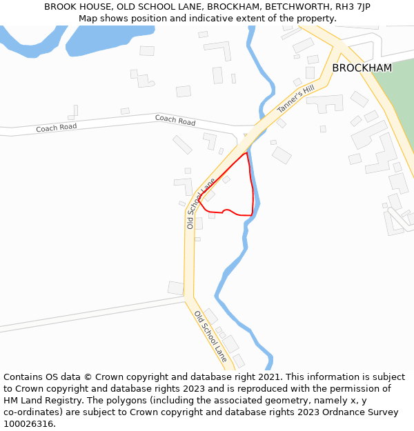 BROOK HOUSE, OLD SCHOOL LANE, BROCKHAM, BETCHWORTH, RH3 7JP: Location map and indicative extent of plot