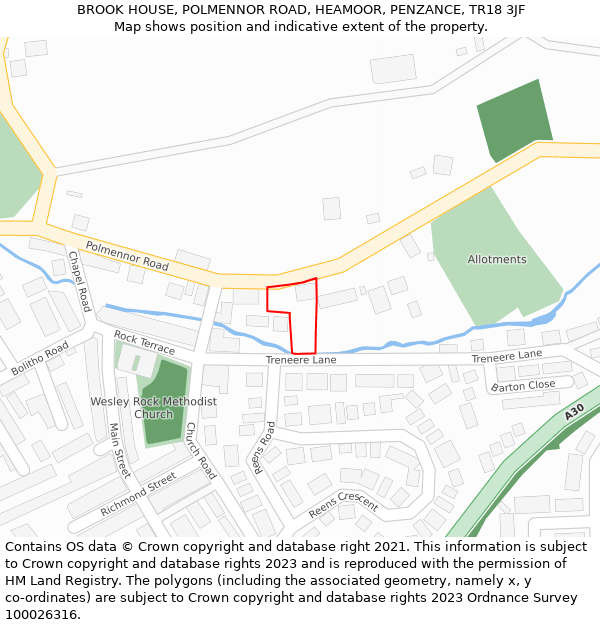 BROOK HOUSE, POLMENNOR ROAD, HEAMOOR, PENZANCE, TR18 3JF: Location map and indicative extent of plot