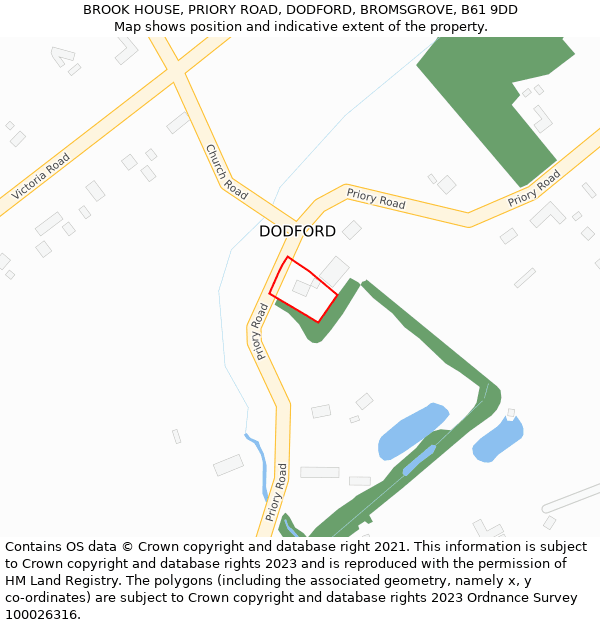 BROOK HOUSE, PRIORY ROAD, DODFORD, BROMSGROVE, B61 9DD: Location map and indicative extent of plot