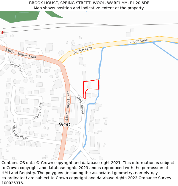 BROOK HOUSE, SPRING STREET, WOOL, WAREHAM, BH20 6DB: Location map and indicative extent of plot