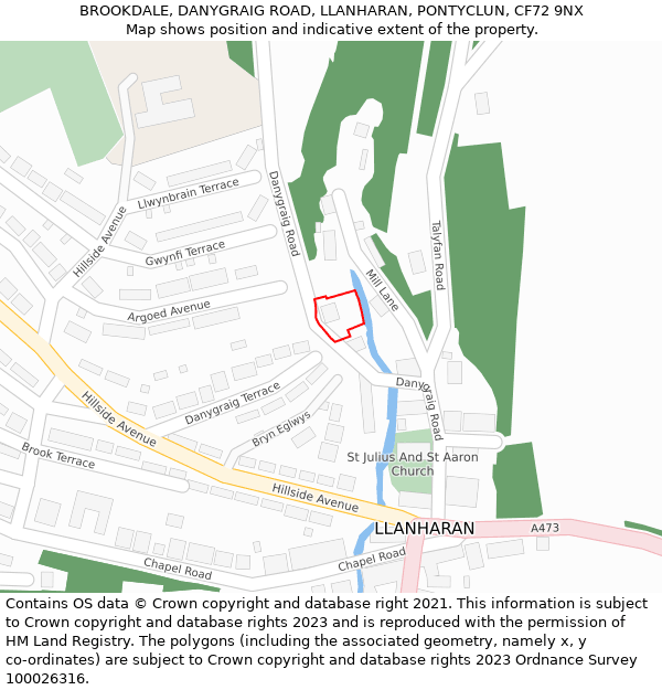 BROOKDALE, DANYGRAIG ROAD, LLANHARAN, PONTYCLUN, CF72 9NX: Location map and indicative extent of plot