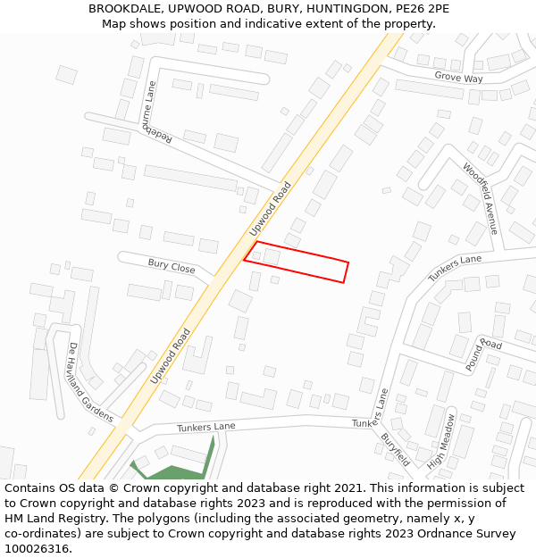 BROOKDALE, UPWOOD ROAD, BURY, HUNTINGDON, PE26 2PE: Location map and indicative extent of plot