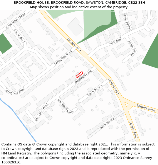 BROOKFIELD HOUSE, BROOKFIELD ROAD, SAWSTON, CAMBRIDGE, CB22 3EH: Location map and indicative extent of plot