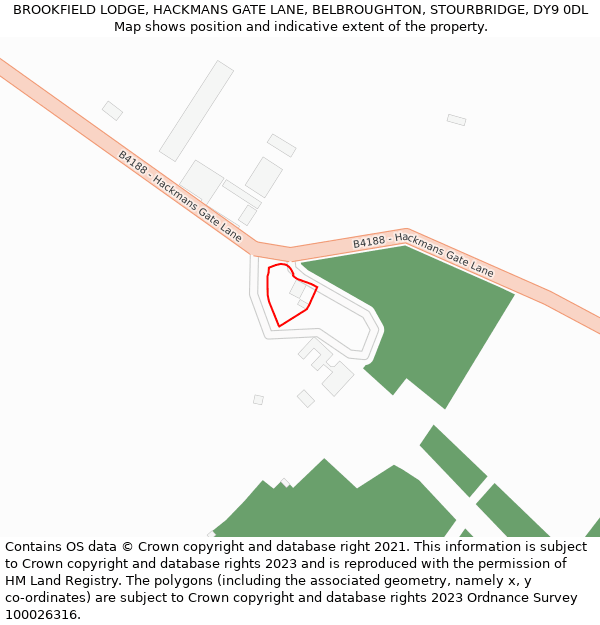 BROOKFIELD LODGE, HACKMANS GATE LANE, BELBROUGHTON, STOURBRIDGE, DY9 0DL: Location map and indicative extent of plot