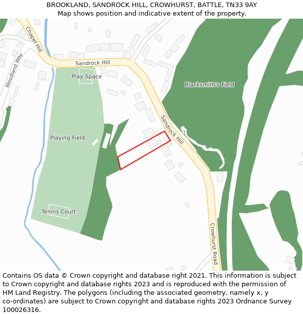 BROOKLAND, SANDROCK HILL, CROWHURST, BATTLE, TN33 9AY: Location map and indicative extent of plot