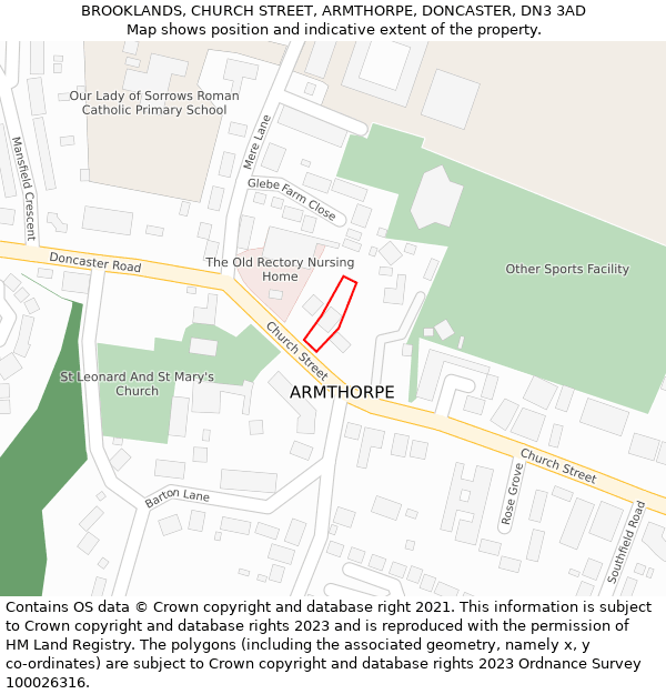 BROOKLANDS, CHURCH STREET, ARMTHORPE, DONCASTER, DN3 3AD: Location map and indicative extent of plot