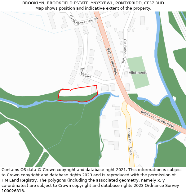 BROOKLYN, BROOKFIELD ESTATE, YNYSYBWL, PONTYPRIDD, CF37 3HD: Location map and indicative extent of plot