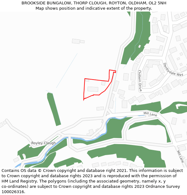 BROOKSIDE BUNGALOW, THORP CLOUGH, ROYTON, OLDHAM, OL2 5NH: Location map and indicative extent of plot