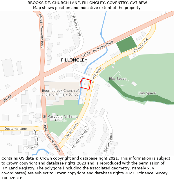 BROOKSIDE, CHURCH LANE, FILLONGLEY, COVENTRY, CV7 8EW: Location map and indicative extent of plot