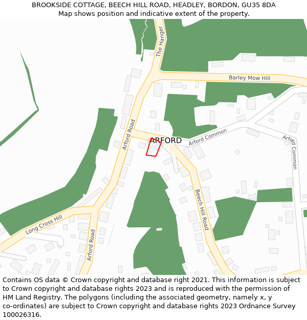 BROOKSIDE COTTAGE, BEECH HILL ROAD, HEADLEY, BORDON, GU35 8DA: Location map and indicative extent of plot