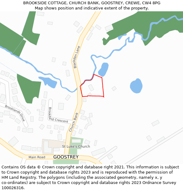 BROOKSIDE COTTAGE, CHURCH BANK, GOOSTREY, CREWE, CW4 8PG: Location map and indicative extent of plot