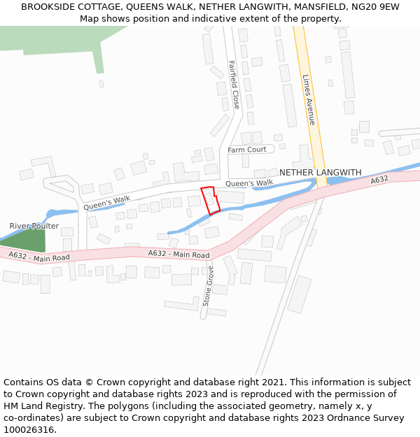 BROOKSIDE COTTAGE, QUEENS WALK, NETHER LANGWITH, MANSFIELD, NG20 9EW: Location map and indicative extent of plot