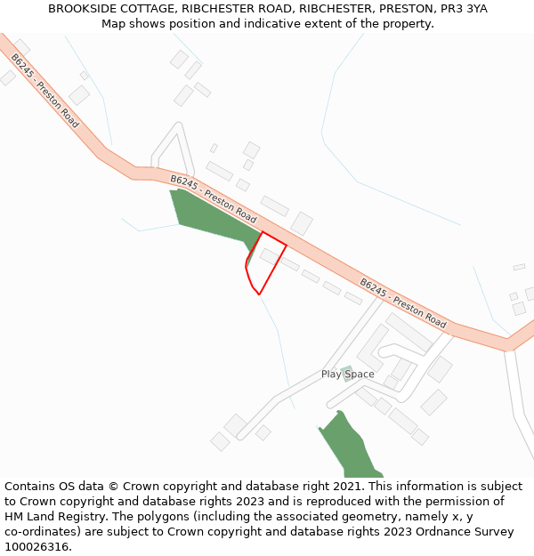 BROOKSIDE COTTAGE, RIBCHESTER ROAD, RIBCHESTER, PRESTON, PR3 3YA: Location map and indicative extent of plot