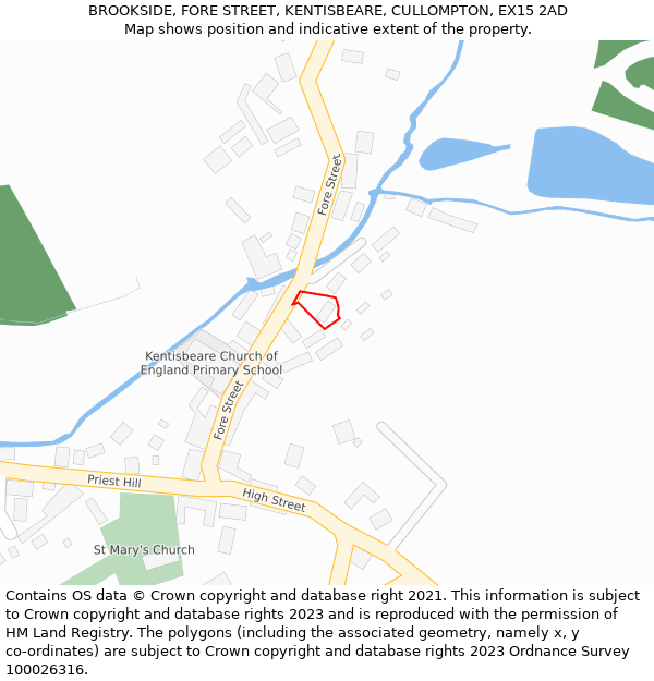 BROOKSIDE, FORE STREET, KENTISBEARE, CULLOMPTON, EX15 2AD: Location map and indicative extent of plot