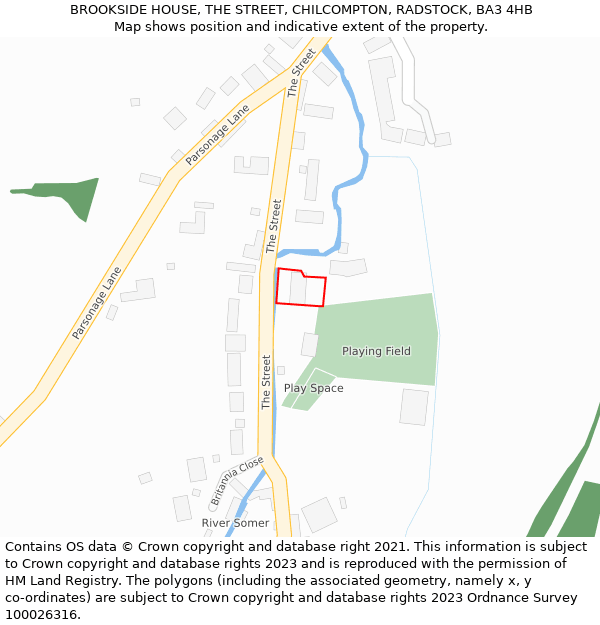 BROOKSIDE HOUSE, THE STREET, CHILCOMPTON, RADSTOCK, BA3 4HB: Location map and indicative extent of plot
