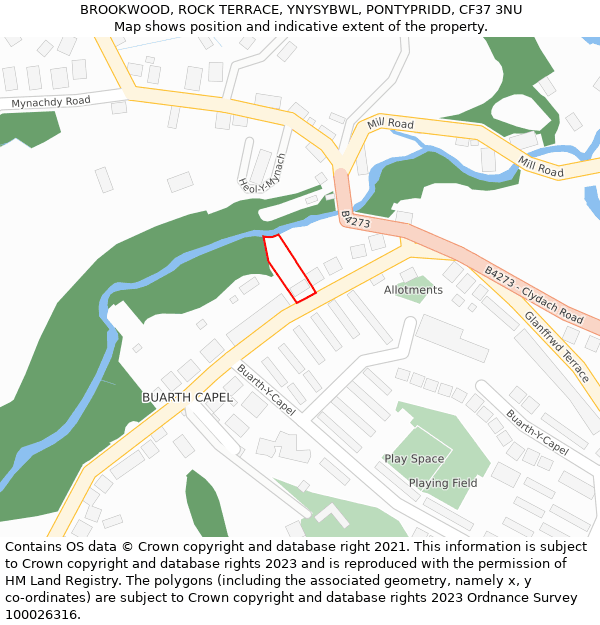 BROOKWOOD, ROCK TERRACE, YNYSYBWL, PONTYPRIDD, CF37 3NU: Location map and indicative extent of plot