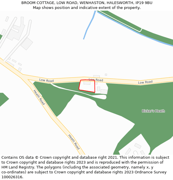 BROOM COTTAGE, LOW ROAD, WENHASTON, HALESWORTH, IP19 9BU: Location map and indicative extent of plot
