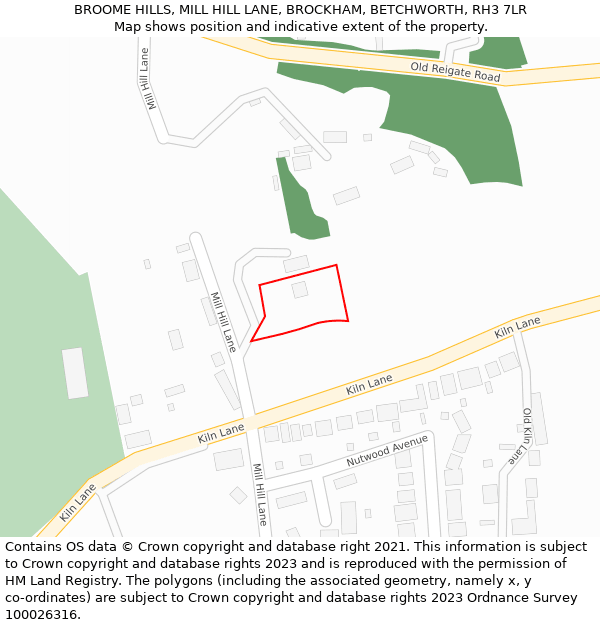 BROOME HILLS, MILL HILL LANE, BROCKHAM, BETCHWORTH, RH3 7LR: Location map and indicative extent of plot