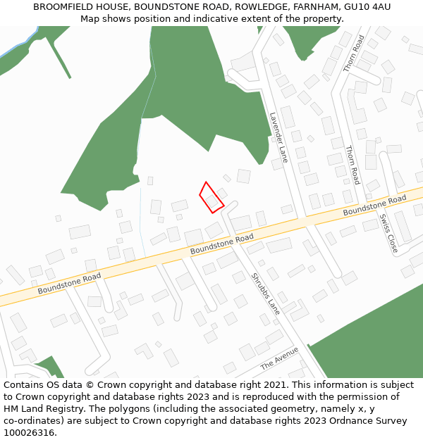 BROOMFIELD HOUSE, BOUNDSTONE ROAD, ROWLEDGE, FARNHAM, GU10 4AU: Location map and indicative extent of plot