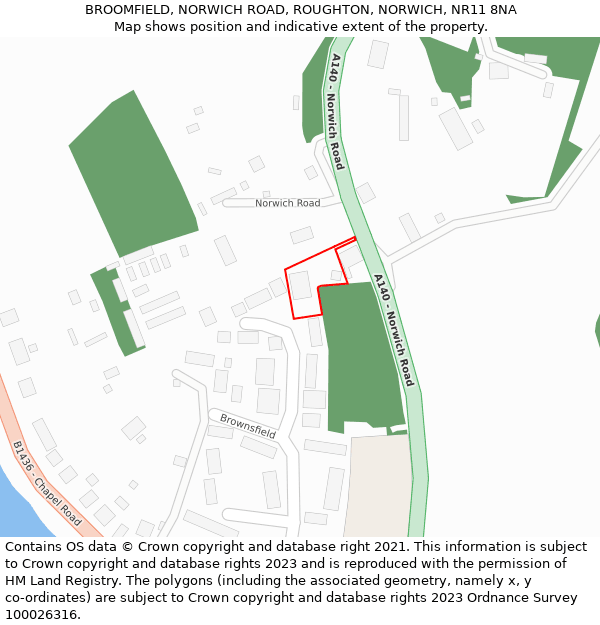 BROOMFIELD, NORWICH ROAD, ROUGHTON, NORWICH, NR11 8NA: Location map and indicative extent of plot