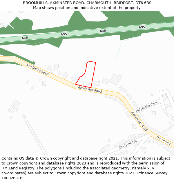 BROOMHILLS, AXMINSTER ROAD, CHARMOUTH, BRIDPORT, DT6 6BS: Location map and indicative extent of plot