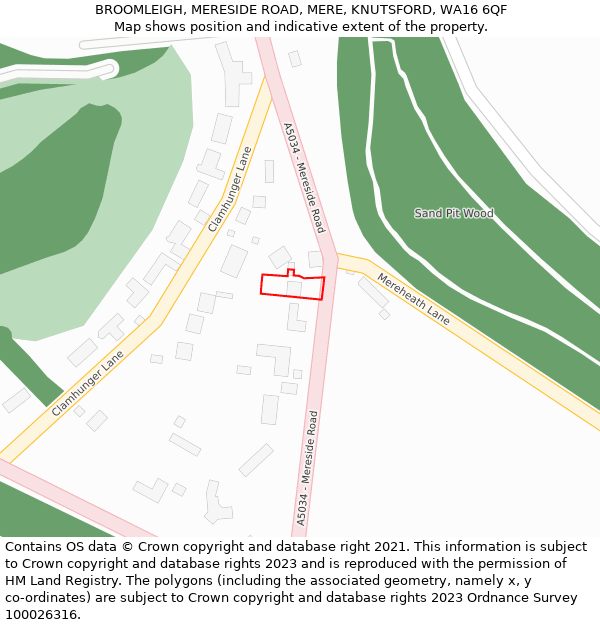 BROOMLEIGH, MERESIDE ROAD, MERE, KNUTSFORD, WA16 6QF: Location map and indicative extent of plot