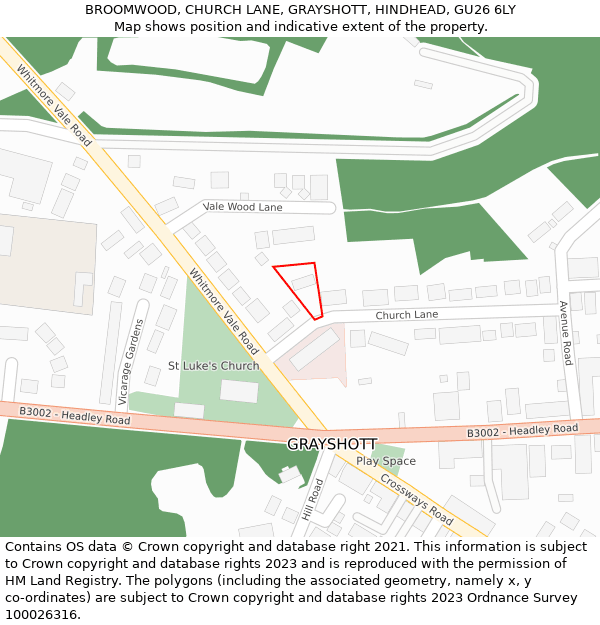 BROOMWOOD, CHURCH LANE, GRAYSHOTT, HINDHEAD, GU26 6LY: Location map and indicative extent of plot