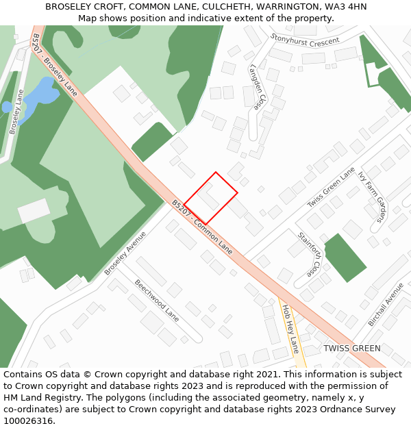 BROSELEY CROFT, COMMON LANE, CULCHETH, WARRINGTON, WA3 4HN: Location map and indicative extent of plot