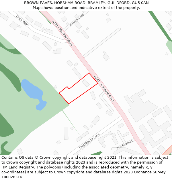 BROWN EAVES, HORSHAM ROAD, BRAMLEY, GUILDFORD, GU5 0AN: Location map and indicative extent of plot