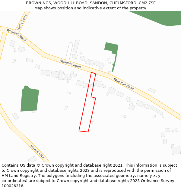 BROWNINGS, WOODHILL ROAD, SANDON, CHELMSFORD, CM2 7SE: Location map and indicative extent of plot