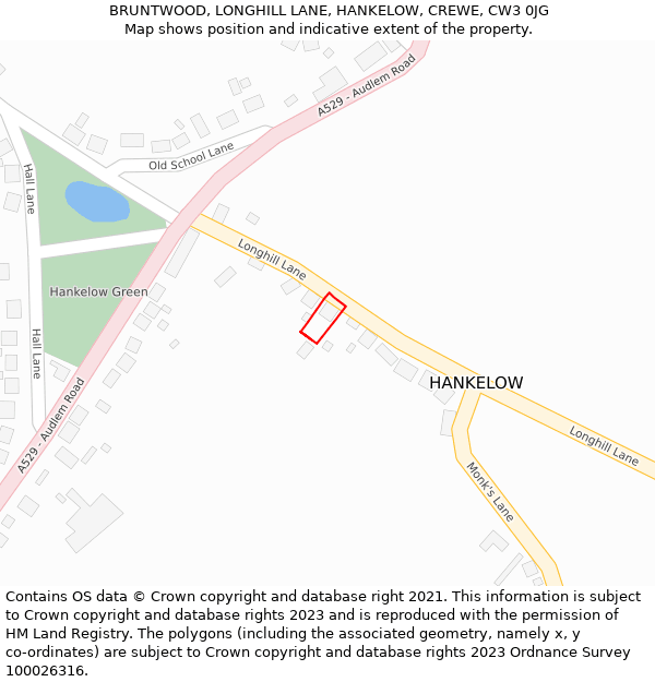 BRUNTWOOD, LONGHILL LANE, HANKELOW, CREWE, CW3 0JG: Location map and indicative extent of plot