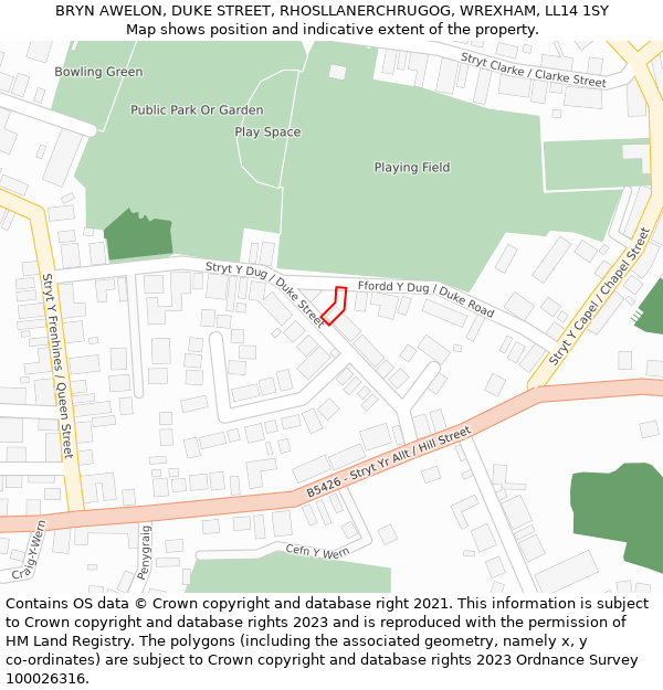 BRYN AWELON, DUKE STREET, RHOSLLANERCHRUGOG, WREXHAM, LL14 1SY: Location map and indicative extent of plot