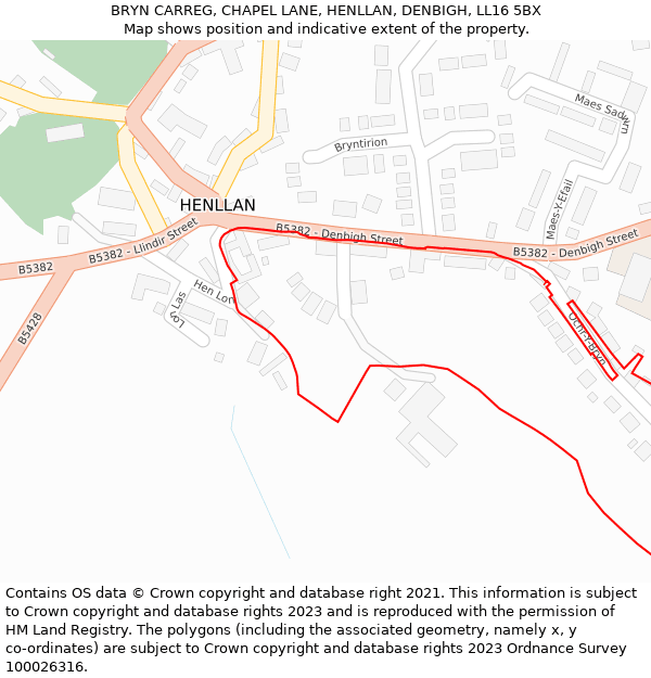 BRYN CARREG, CHAPEL LANE, HENLLAN, DENBIGH, LL16 5BX: Location map and indicative extent of plot