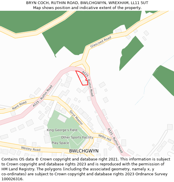 BRYN COCH, RUTHIN ROAD, BWLCHGWYN, WREXHAM, LL11 5UT: Location map and indicative extent of plot
