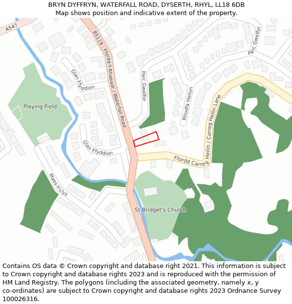 BRYN DYFFRYN, WATERFALL ROAD, DYSERTH, RHYL, LL18 6DB: Location map and indicative extent of plot