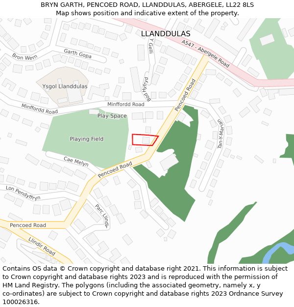 BRYN GARTH, PENCOED ROAD, LLANDDULAS, ABERGELE, LL22 8LS: Location map and indicative extent of plot