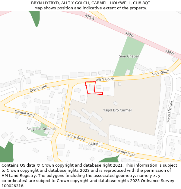 BRYN HYFRYD, ALLT Y GOLCH, CARMEL, HOLYWELL, CH8 8QT: Location map and indicative extent of plot