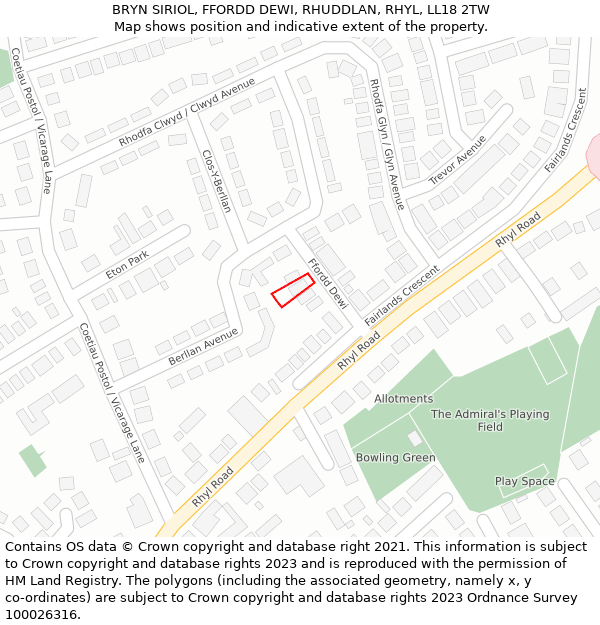 BRYN SIRIOL, FFORDD DEWI, RHUDDLAN, RHYL, LL18 2TW: Location map and indicative extent of plot