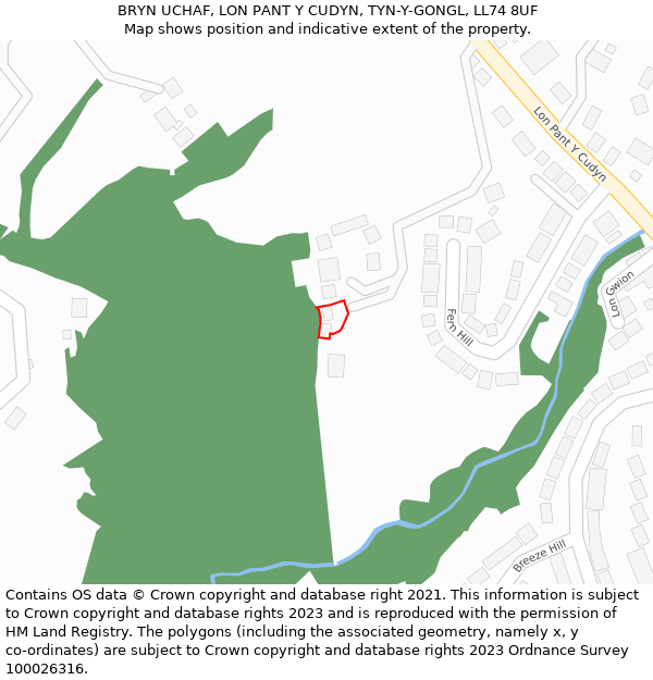 BRYN UCHAF, LON PANT Y CUDYN, TYN-Y-GONGL, LL74 8UF: Location map and indicative extent of plot